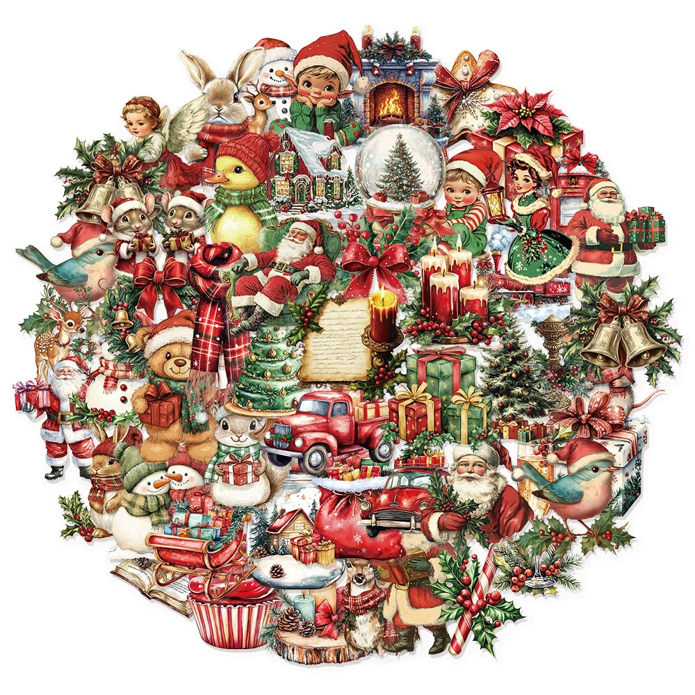 50PCS Retro Christmas Party Decoration Christmas Gift Stickers Phone Cases, Water Cups, Tablet Labels Waterproof Stickers