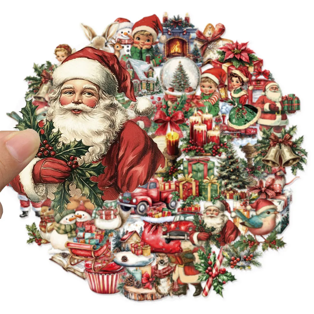 50PCS Retro Christmas Party Decoration Christmas Gift Stickers Phone Cases, Water Cups, Tablet Labels Waterproof Stickers