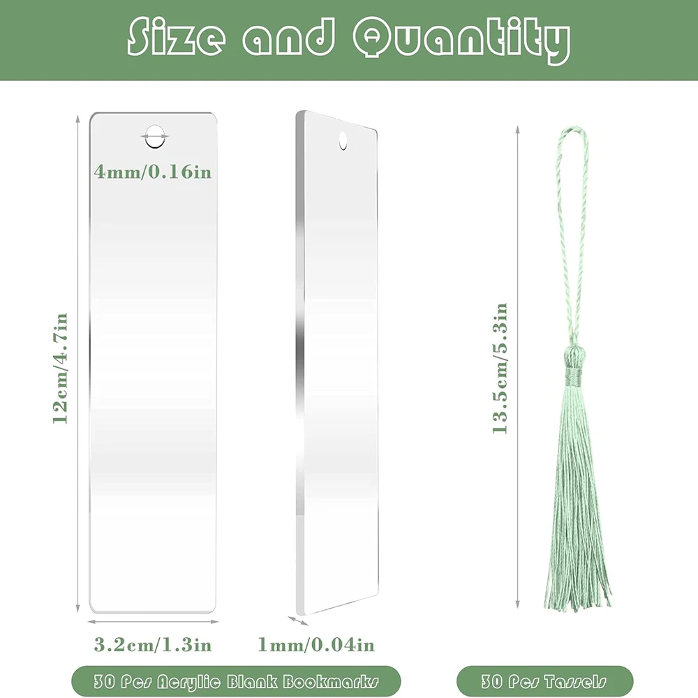 30Pcs Acrylic Bookmark Blanks Rectangle with Tassels Unfinished Transparent Acrylic Bookmarks Double Sided DIY Christmas Gift