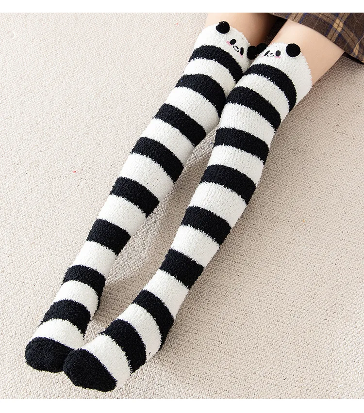 Striped Long Socks Womens Panda Cat Winter Warm Ladies Girls Black White Funny Over Above Knee Thigh High Stockings Christmas