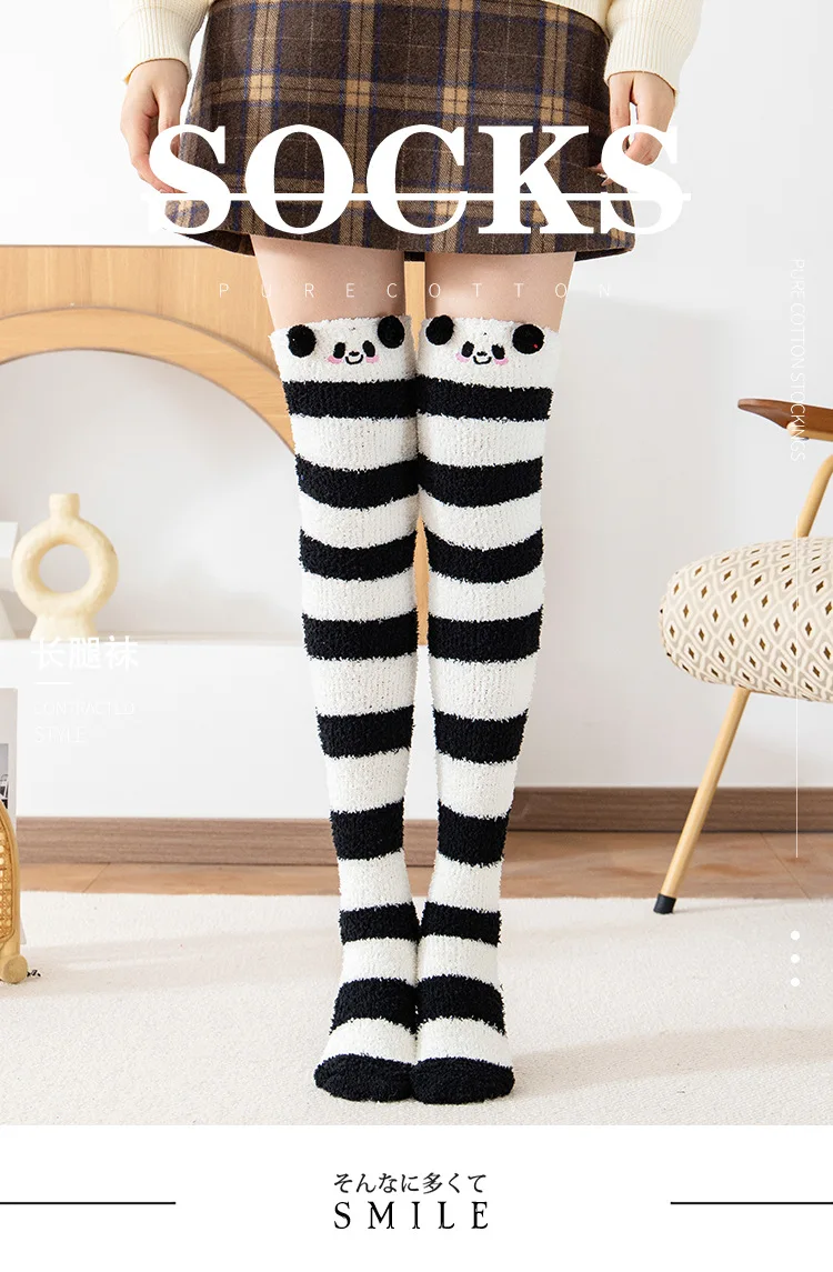 Striped Long Socks Womens Panda Cat Winter Warm Ladies Girls Black White Funny Over Above Knee Thigh High Stockings Christmas