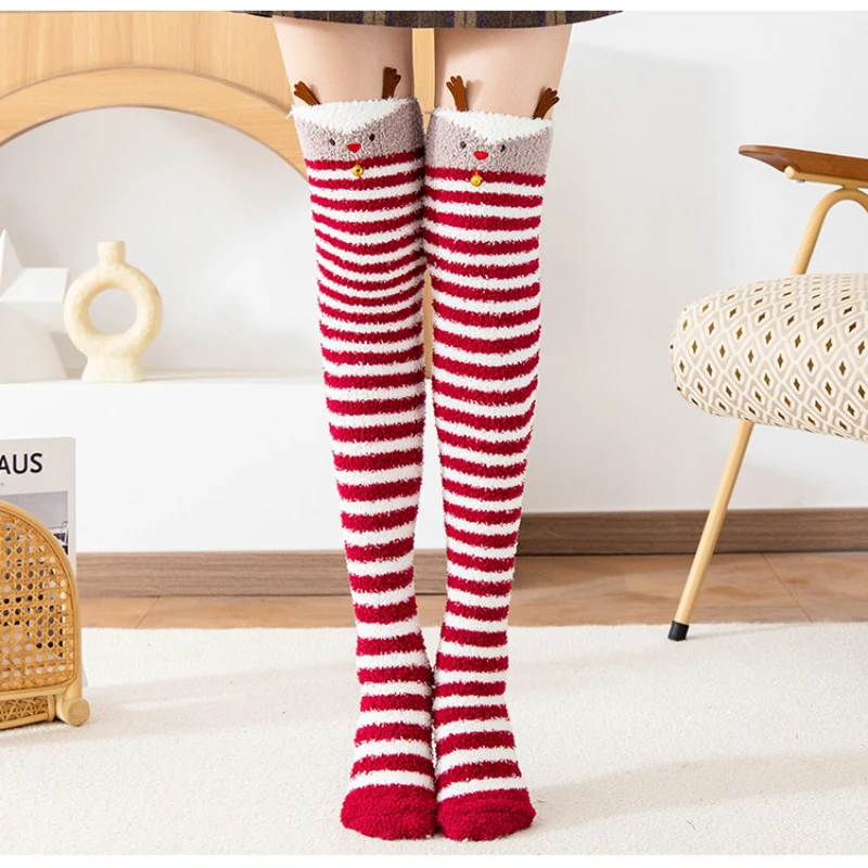 Striped Long Socks Womens Panda Cat Winter Warm Ladies Girls Black White Funny Over Above Knee Thigh High Stockings Christmas