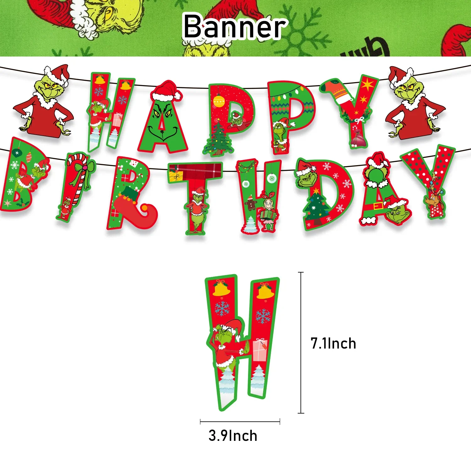 Christmas Grinch Birthday Party dinnerware Disposable Banner Cake Topper Hanging Flag Grinch Balloons Birthday Decoration set