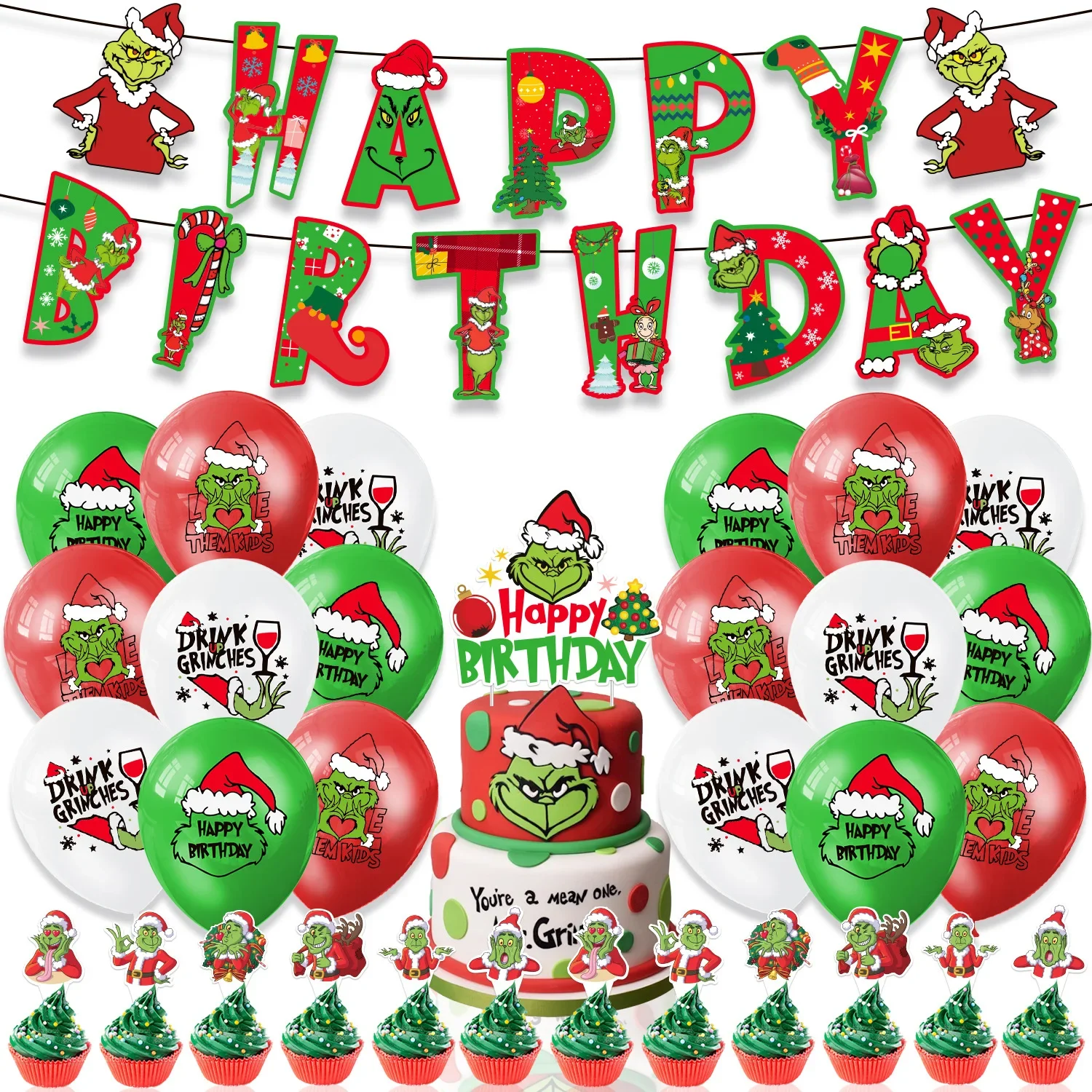 Christmas Grinch Birthday Party dinnerware Disposable Banner Cake Topper Hanging Flag Grinch Balloons Birthday Decoration set