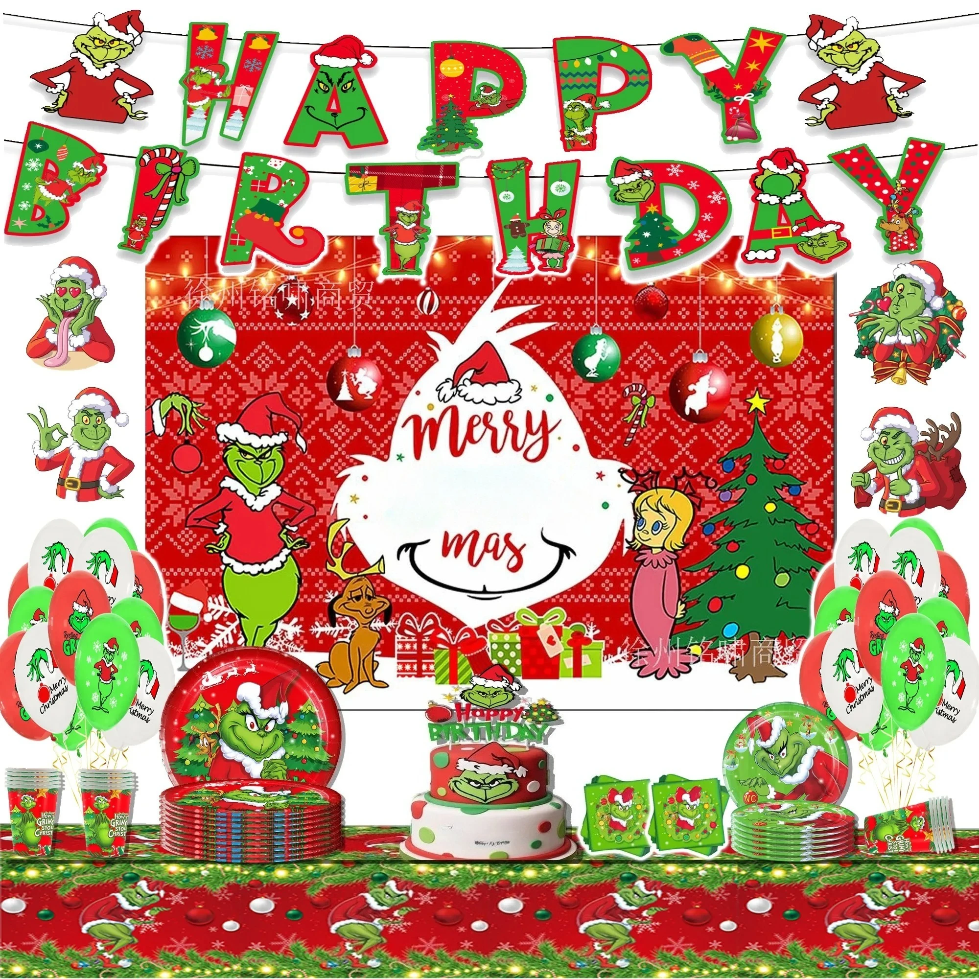 Christmas Grinch Birthday Party dinnerware Disposable Banner Cake Topper Hanging Flag Grinch Balloons Birthday Decoration set