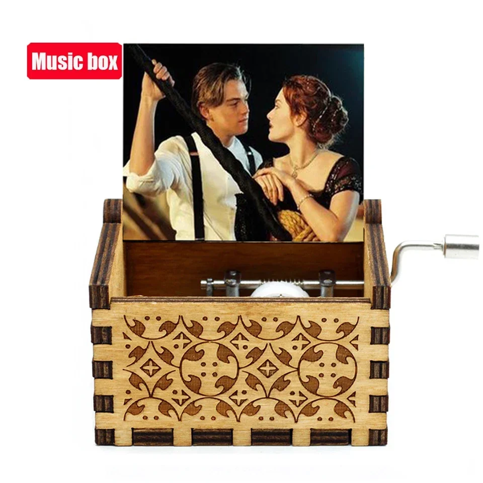 Hotsale 58 styles Anime Antique carved Wooden Hand Crank Music Box figure Christmas Birthday Gift Home Decoration