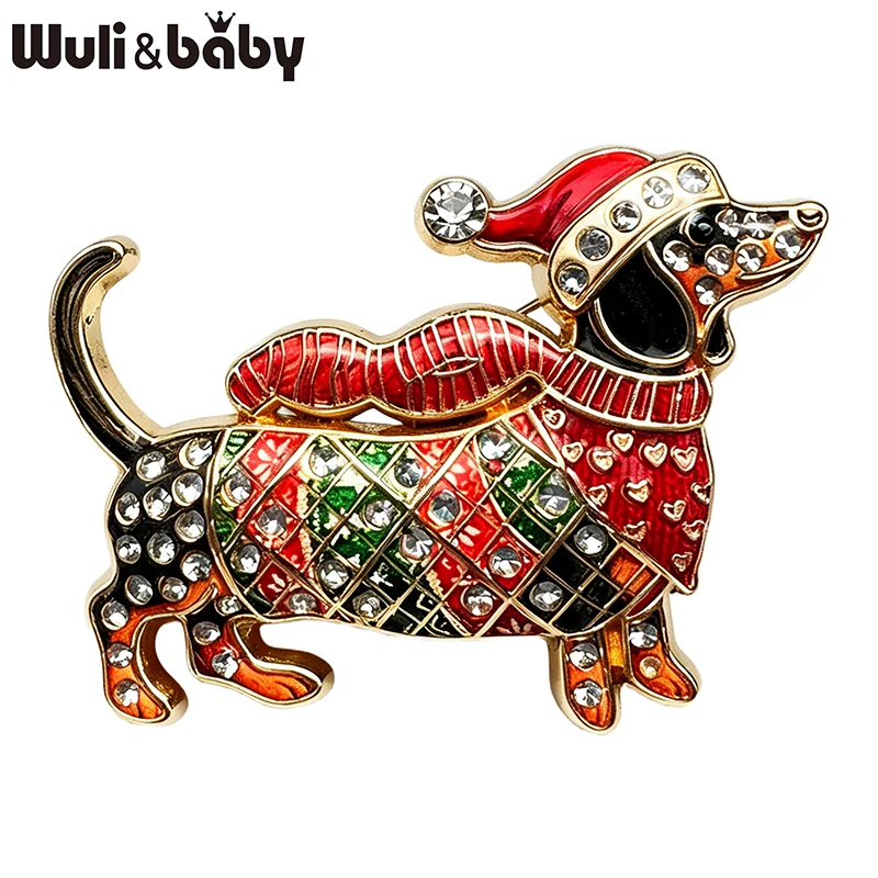 Wuli&baby Lovely Christmas Dog Brooches For Women Unisex 2-color Rhinestone Dachshund Animal New Year Party Brooch Pins