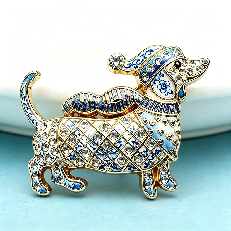Wuli&baby Lovely Christmas Dog Brooches For Women Unisex 2-color Rhinestone Dachshund Animal New Year Party Brooch Pins