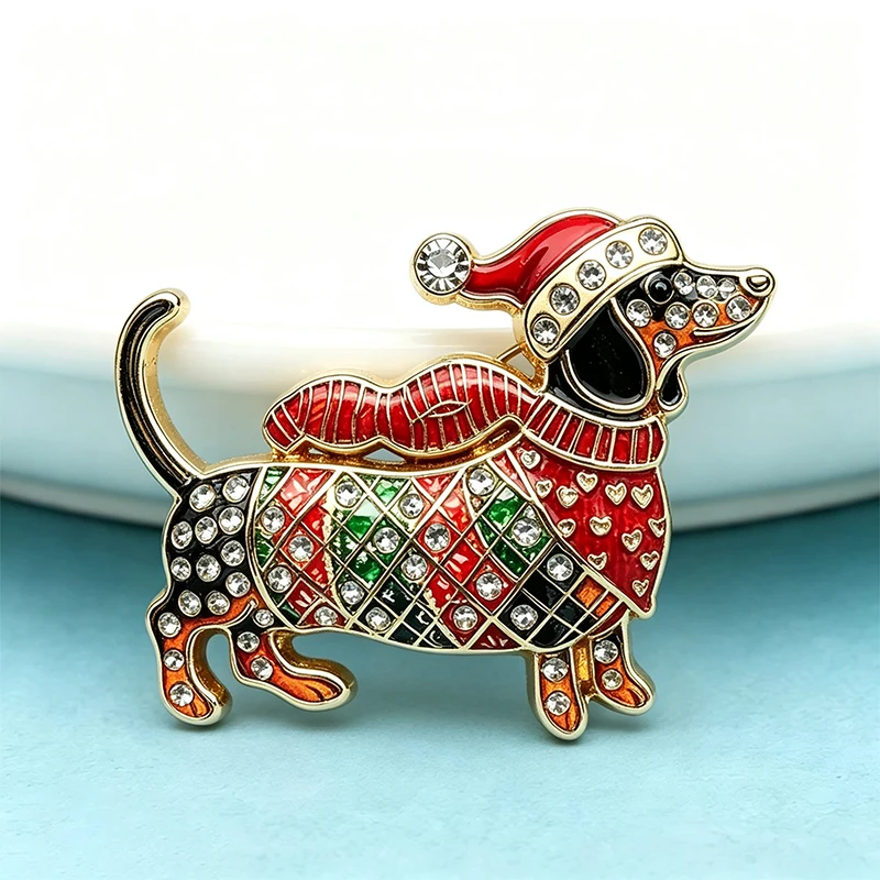 Wuli&baby Lovely Christmas Dog Brooches For Women Unisex 2-color Rhinestone Dachshund Animal New Year Party Brooch Pins