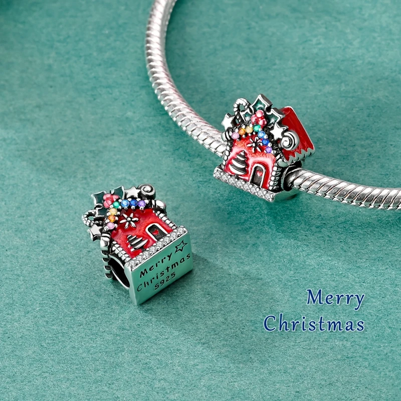 925 Sterling Silver Santa Claus Charms Bead Christmas House Dangle Pendant Fit Bangle Bracelet Necklace DIY Jewelry
