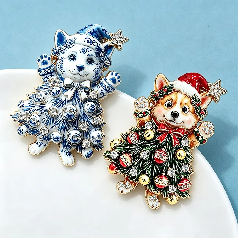 Wuli&baby Christmas Tree Dog Brooches For Women Unisex 2-color Rhinestone Cute Corgi Dog New Year Party Causal Brooch Pins Gifts