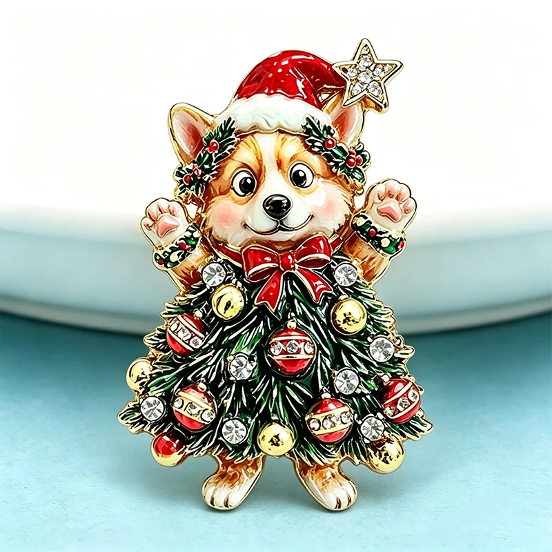Wuli&baby Christmas Tree Dog Brooches For Women Unisex 2-color Rhinestone Cute Corgi Dog New Year Party Causal Brooch Pins Gifts