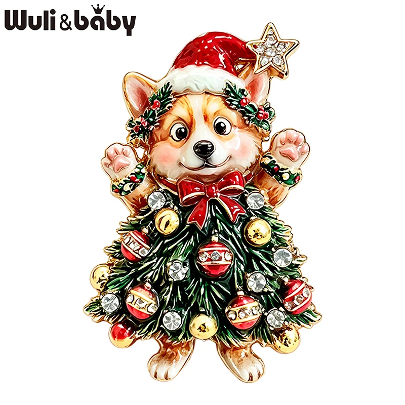 Wuli&baby Christmas Tree Dog Brooches For Women Unisex 2-color Rhinestone Cute Corgi Dog New Year Party Causal Brooch Pins Gifts