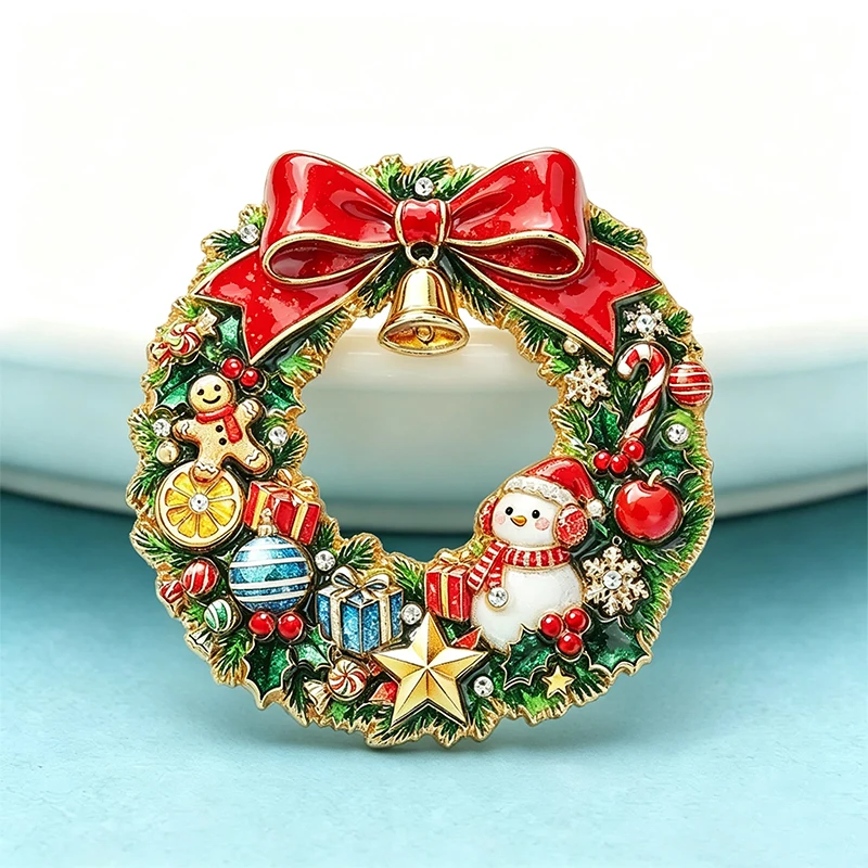 Wuli&baby Christmas Wreath Brooches For Women Unisex 2-color Cute Snowman Bowknot Flowers Circle Brooch Pins New Year Gifts