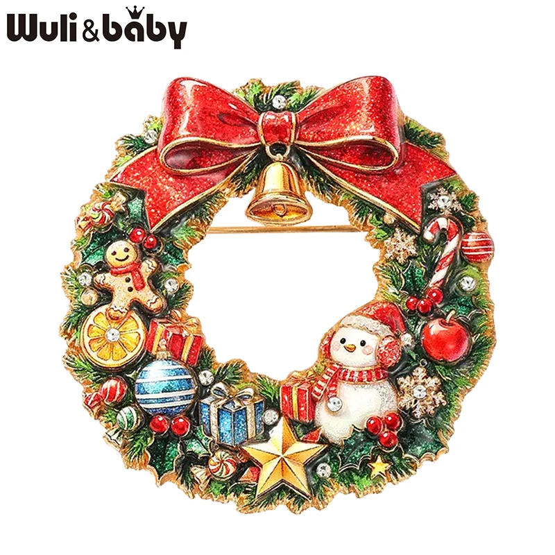 Wuli&baby Christmas Wreath Brooches For Women Unisex 2-color Cute Snowman Bowknot Flowers Circle Brooch Pins New Year Gifts