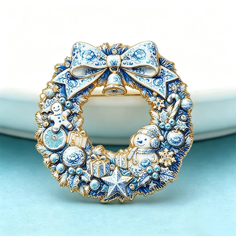 Wuli&baby Christmas Wreath Brooches For Women Unisex 2-color Cute Snowman Bowknot Flowers Circle Brooch Pins New Year Gifts