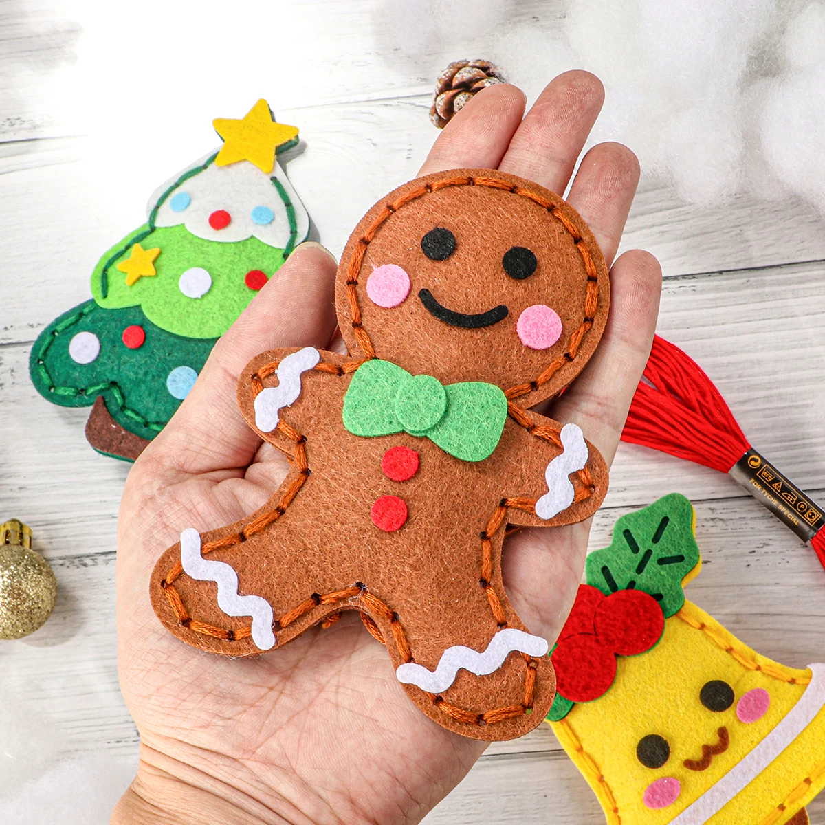 9-Piece DIY Christmas Sewing Material Pack for Beginners; Easy to Make Christmas Tree Ornaments Including Gingerbread Man, Reind