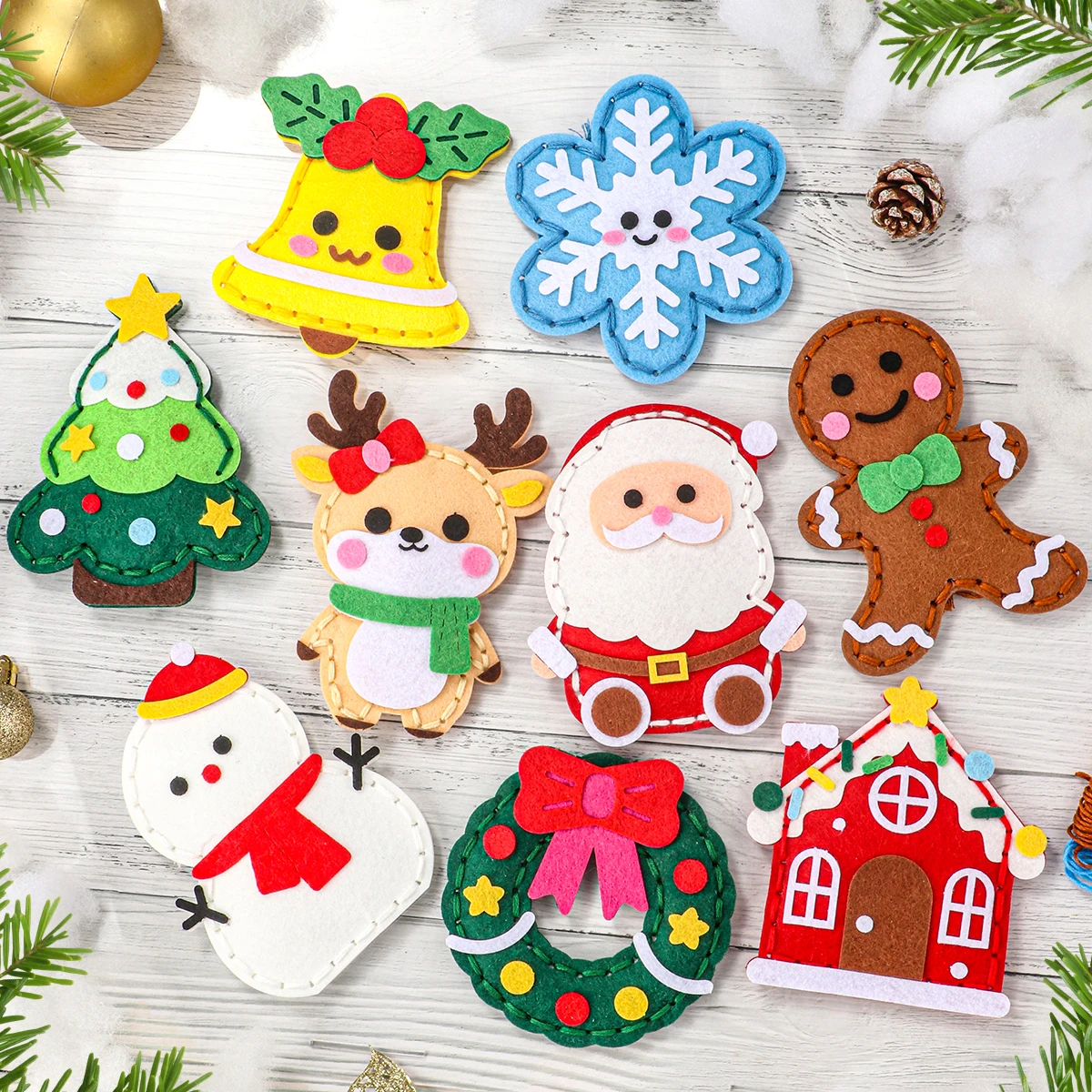 9-Piece DIY Christmas Sewing Material Pack for Beginners; Easy to Make Christmas Tree Ornaments Including Gingerbread Man, Reind