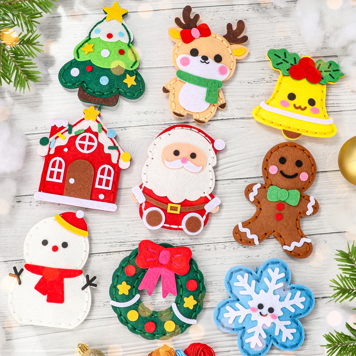 9-Piece DIY Christmas Sewing Material Pack for Beginners; Easy to Make Christmas Tree Ornaments Including Gingerbread Man, Reind