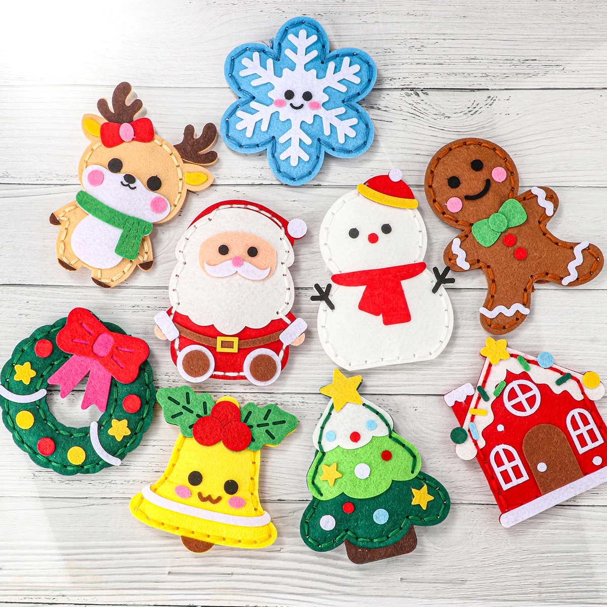 9-Piece DIY Christmas Sewing Material Pack for Beginners; Easy to Make Christmas Tree Ornaments Including Gingerbread Man, Reind