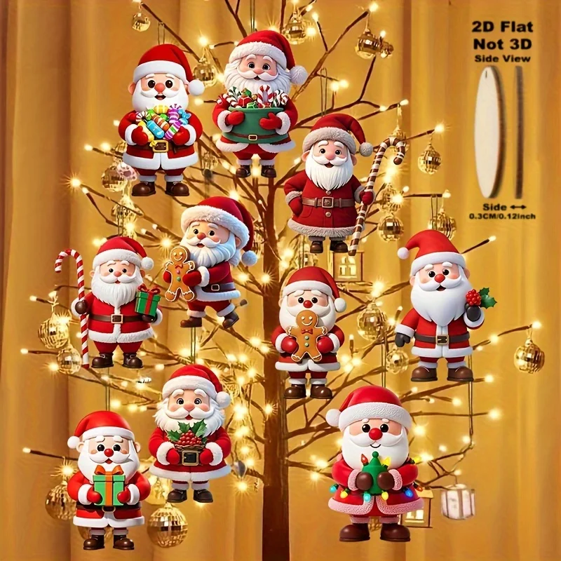 10Pcs Christmas Wooden Gingerbread Man Santa Claus 2D Flat Wooden Pendant Christmas Tree Decoration Perfect Holiday Gift Decor