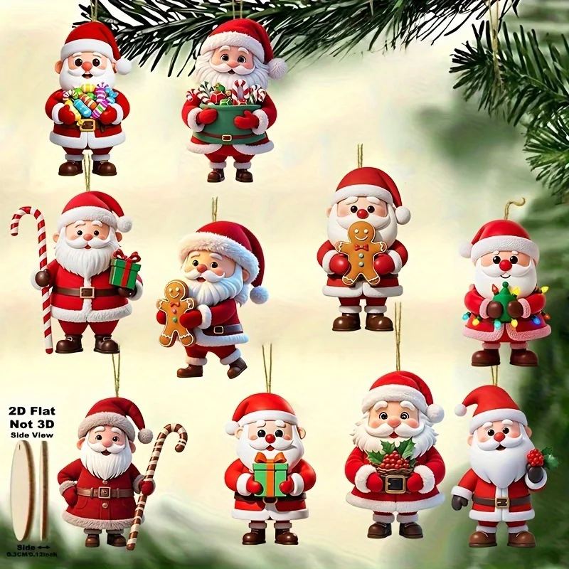 10Pcs Christmas Wooden Gingerbread Man Santa Claus 2D Flat Wooden Pendant Christmas Tree Decoration Perfect Holiday Gift Decor