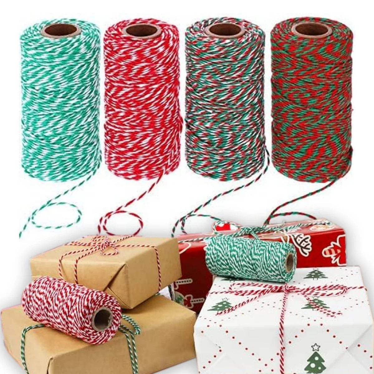 100M/Roll 2mm Red Green White Cotton Rope for Handmade Crafts Christmas DIY Gift Wrap Packaging Baking Twine Ribbons 