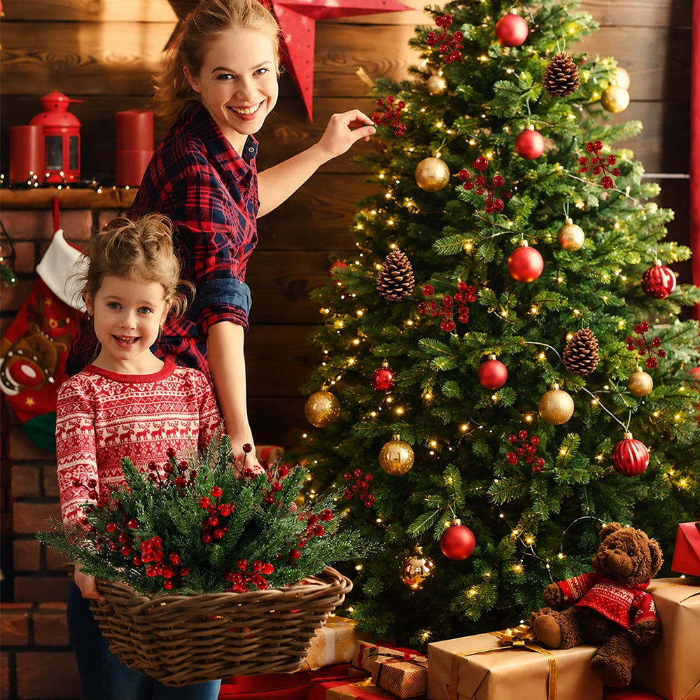 50Pcs Christmas Artificial Pine Branches Red Berry Stems Pine Cones Pine Needles for DIY Craft Garland Wreath Xmas Home Decor