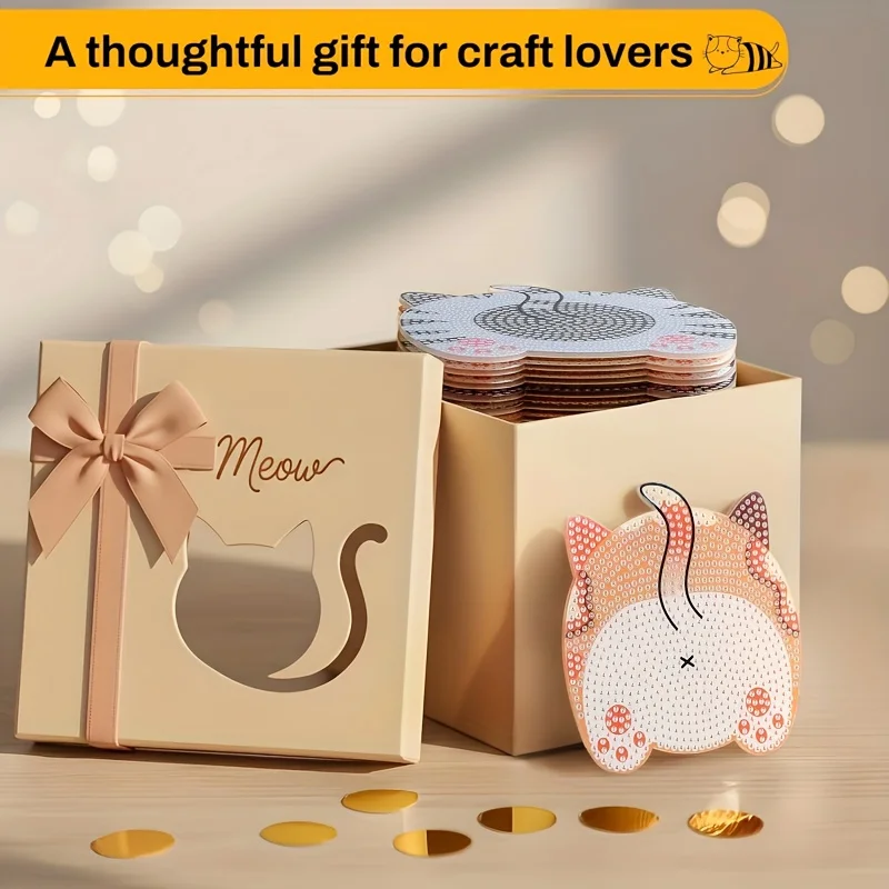 8-piece DIY Diamond Painting Wooden Cup Mat Set, Cute Animal Pattern Mosaic Tea Cup Mat with Bracket, Christmas Decoration Non s