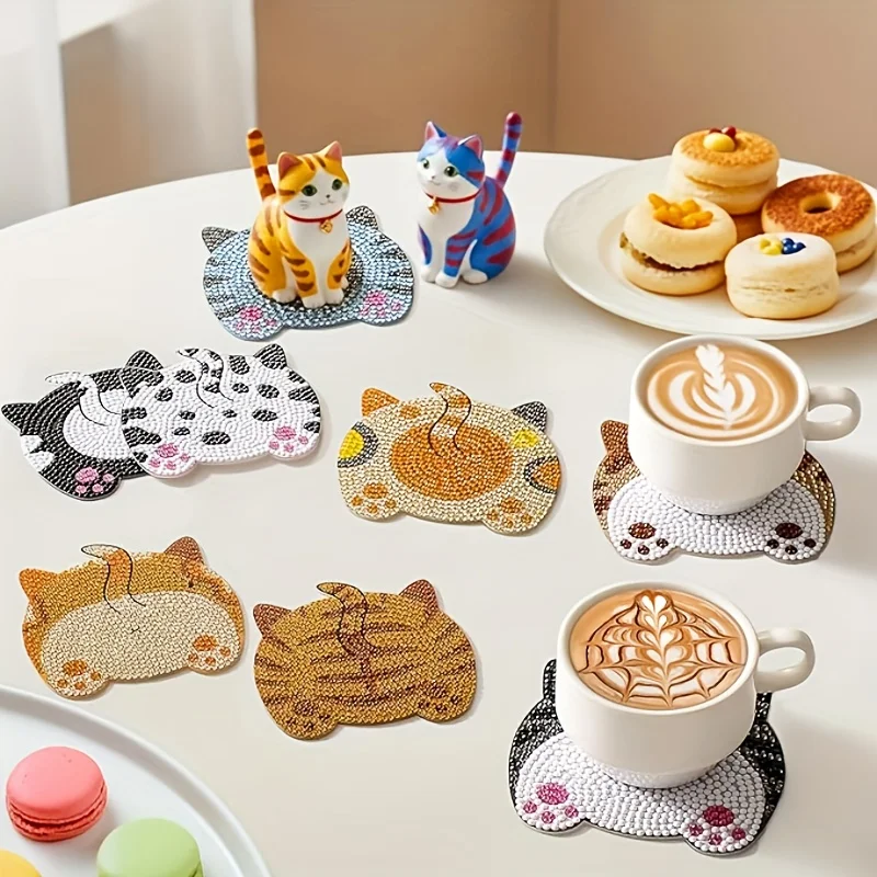 8-piece DIY Diamond Painting Wooden Cup Mat Set, Cute Animal Pattern Mosaic Tea Cup Mat with Bracket, Christmas Decoration Non s