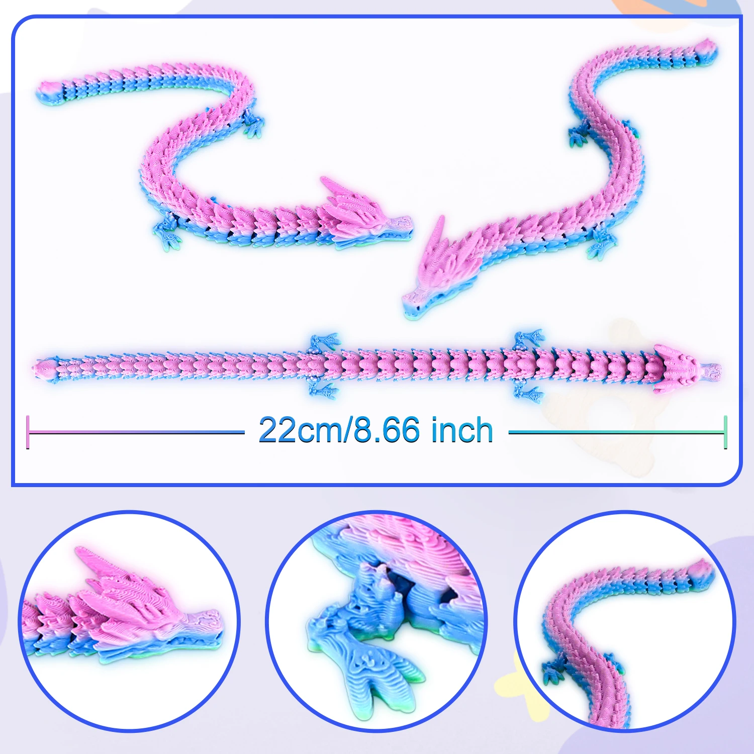 22cm Colorful 3D Printed Dragon Toy with Movable Joints And Tail - Funny Poseable Figure for Gags Christmas Pranks Novelty Gift