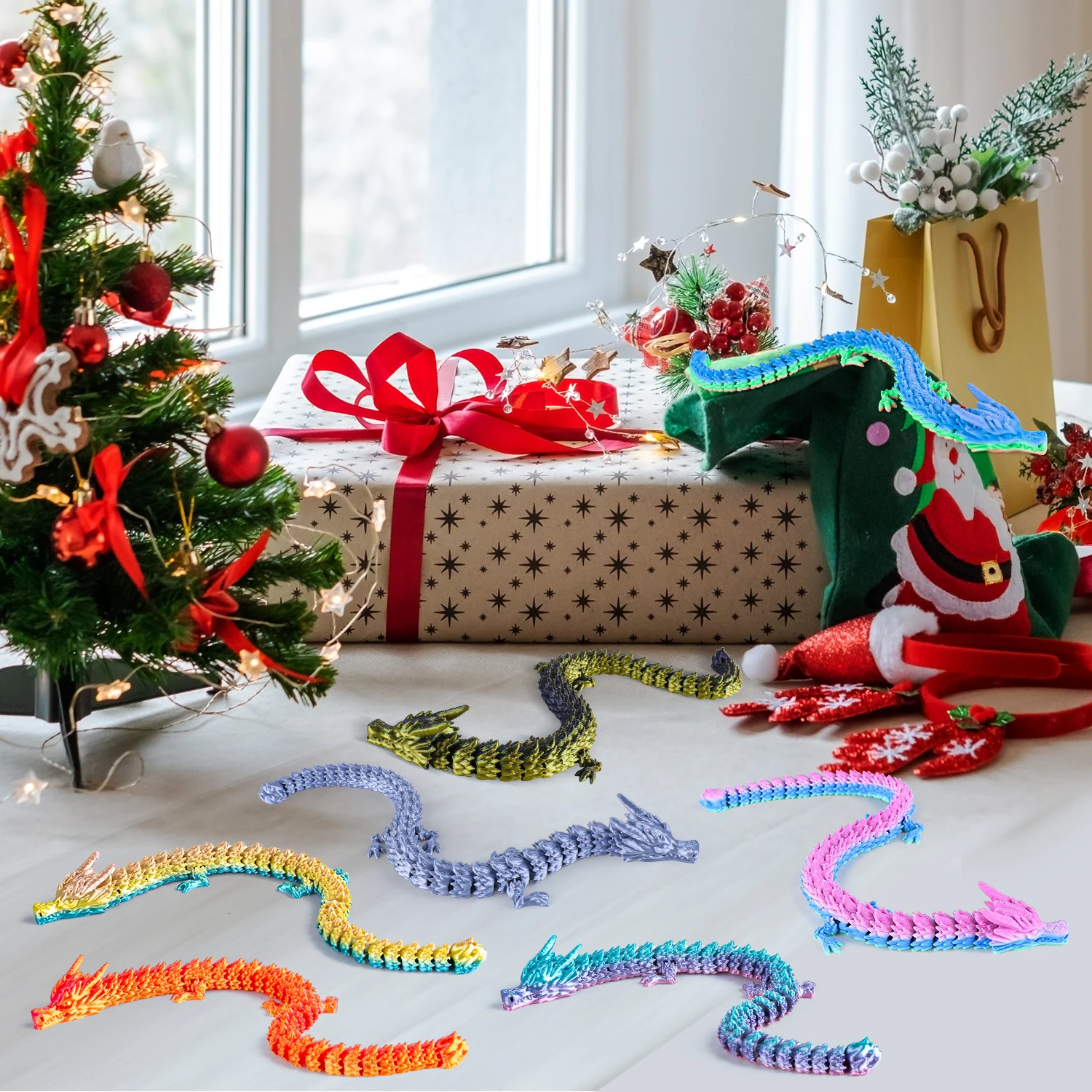22cm Colorful 3D Printed Dragon Toy with Movable Joints And Tail - Funny Poseable Figure for Gags Christmas Pranks Novelty Gift