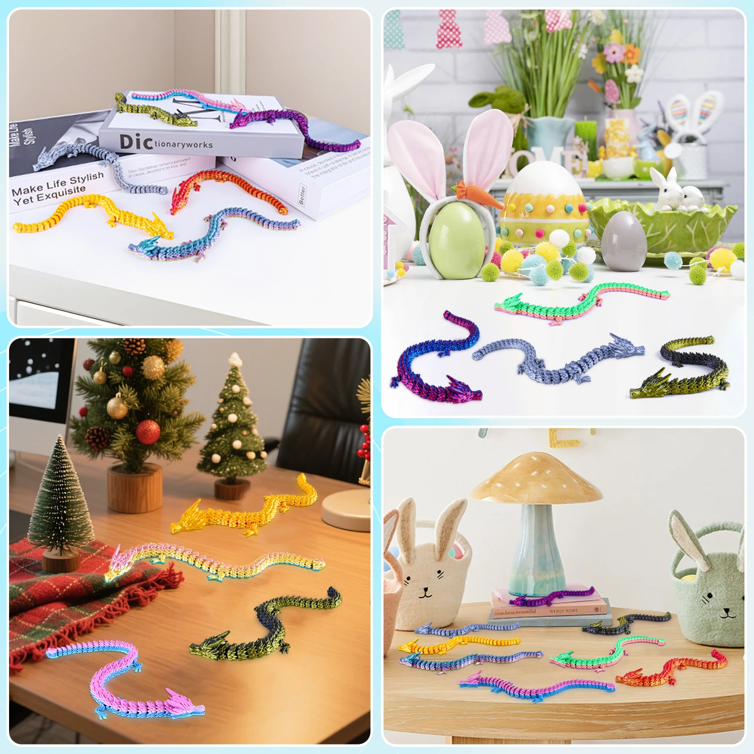 22cm Colorful 3D Printed Dragon Toy with Movable Joints And Tail - Funny Poseable Figure for Gags Christmas Pranks Novelty Gift