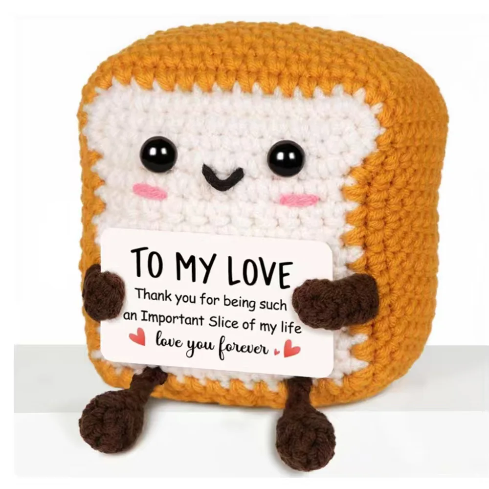 Funny Crochet Positive Toast Emotional Support Crochet Ornaments Handmade Knitted Toast Dolls with Positive Card Christmas Gifts
