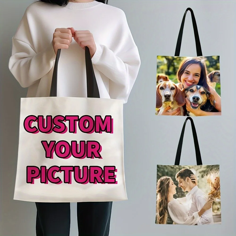Chic Christmas Gift Custom Shopping Bag Upload Images Customized Tote Bag Pictures Reusable Grocery Bag Shoulder Storage Pouch