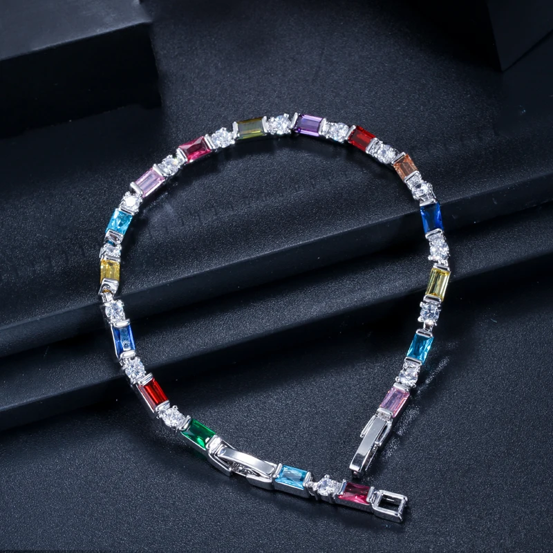 CWWZircons Fashion CZ Charm Lovely Red Green Blue Austrian Crystal Tennis Bracelets for Women Christmas New Year Gift CB087