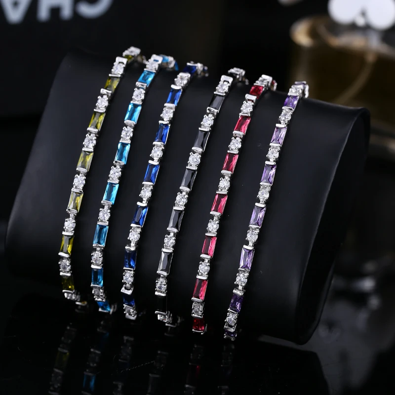 CWWZircons Fashion CZ Charm Lovely Red Green Blue Austrian Crystal Tennis Bracelets for Women Christmas New Year Gift CB087