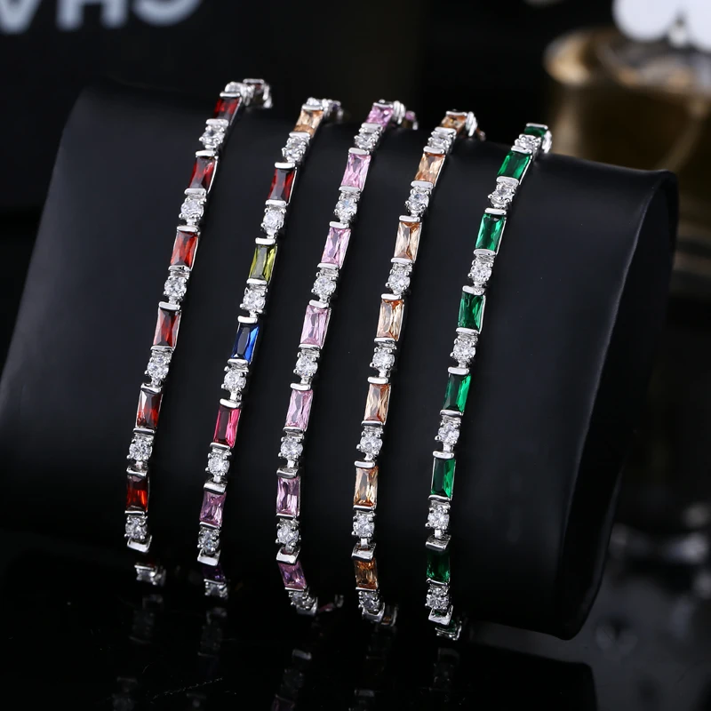 CWWZircons Fashion CZ Charm Lovely Red Green Blue Austrian Crystal Tennis Bracelets for Women Christmas New Year Gift CB087