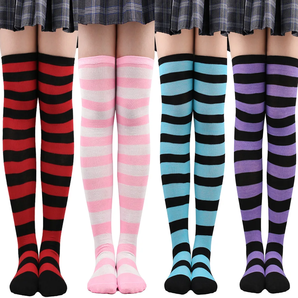 Wide Striped Stockings Women Over Knee High Long Socks Christmas Halloween Cosplay Anime Performance Party Gifts Socks Colorful