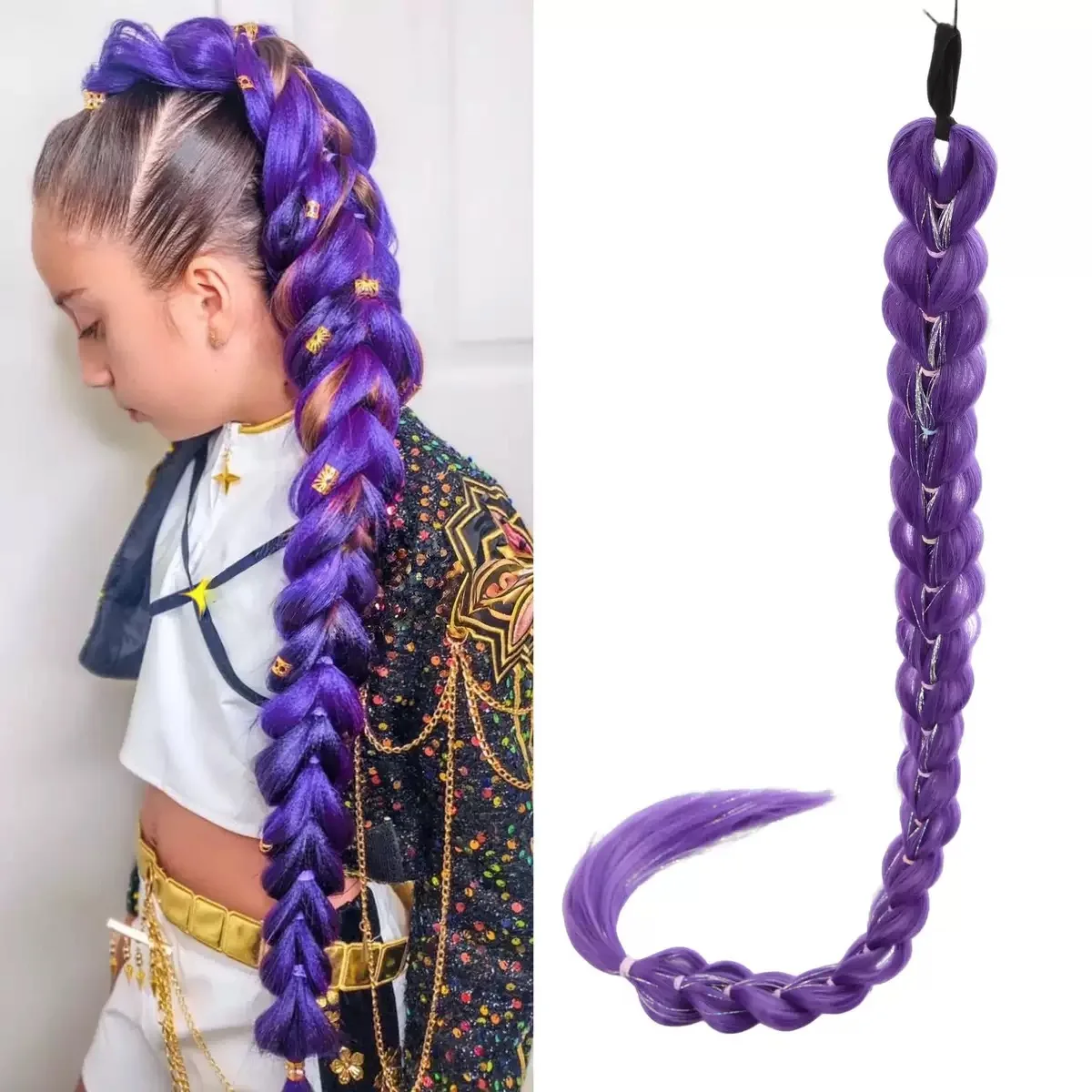 32 Inch Synthetic Purple Braided Wig Shimmering Metallic Kids Christmas Costume Hairpiece -Rumi Collection