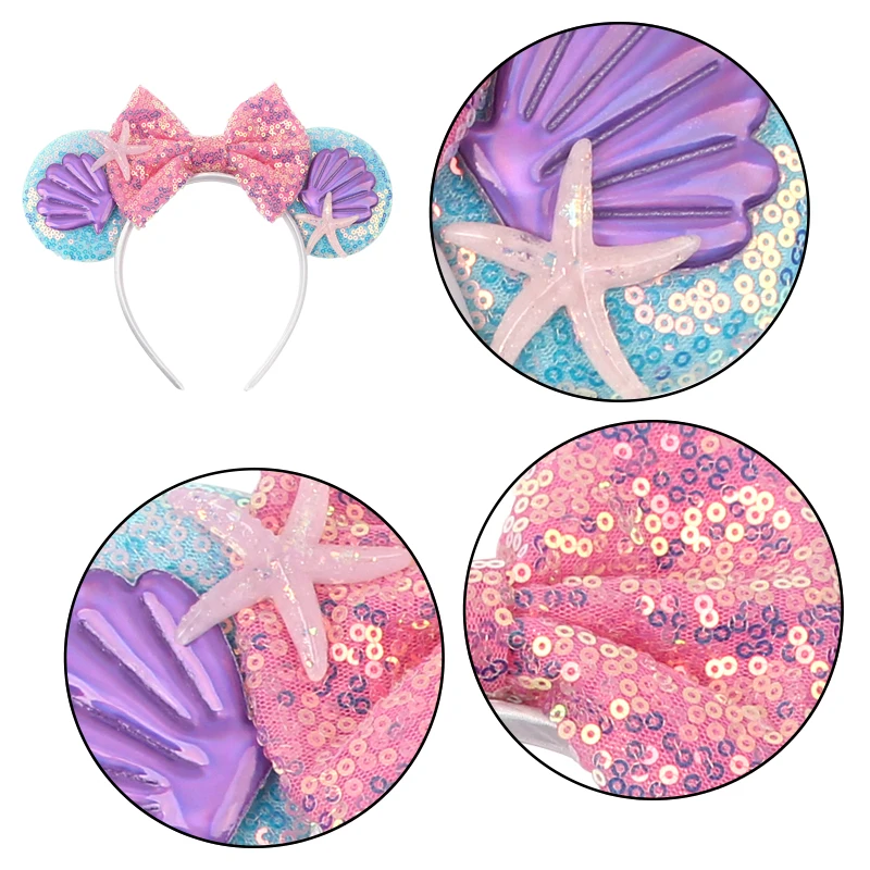 Disney Mermaid Mickey Mouse Ears Headband Christmas Party Hairwear Princess Cosplay Adult/Child Hairs Accessories Birthday Gifts