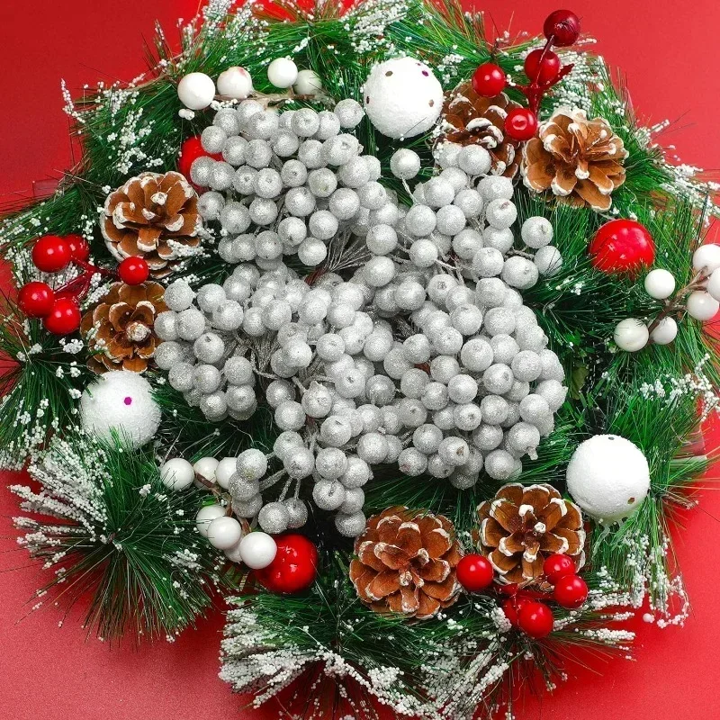 Artificial Frosted Berry Mini Double Head Christmas Holly Red Gold Silver Berries DIY Wreath Xmas Party Table Decora Wholesale