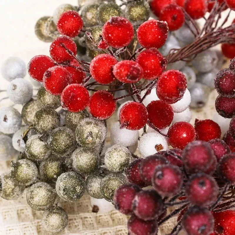 Artificial Frosted Berry Mini Double Head Christmas Holly Red Gold Silver Berries DIY Wreath Xmas Party Table Decora Wholesale