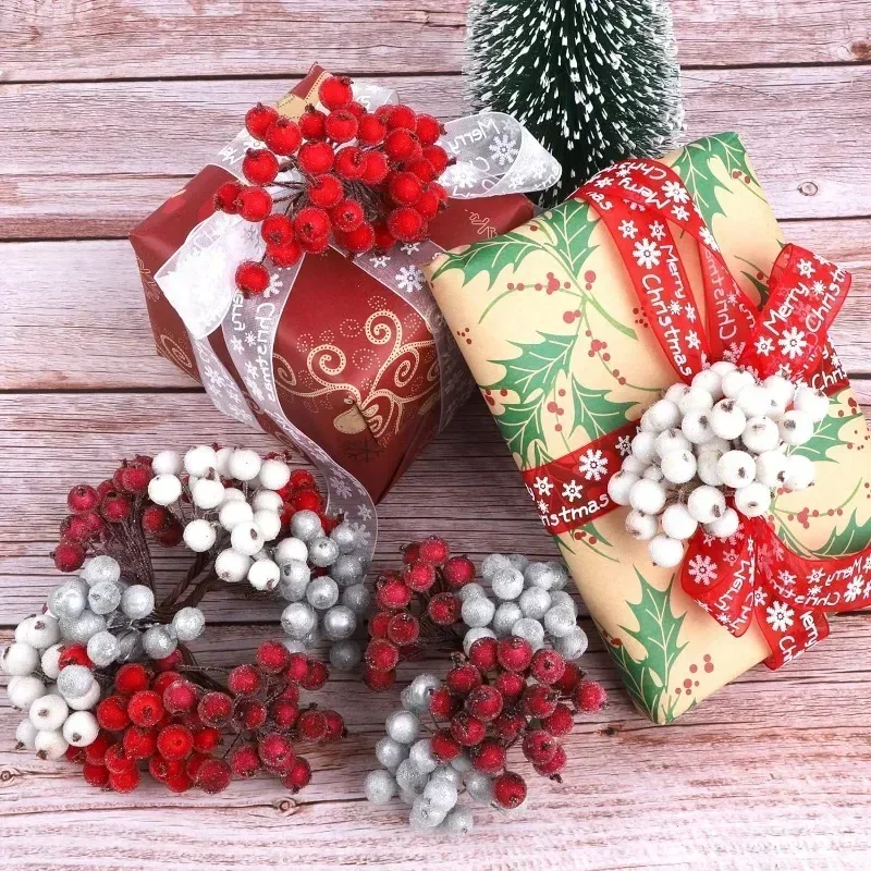 Artificial Frosted Berry Mini Double Head Christmas Holly Red Gold Silver Berries DIY Wreath Xmas Party Table Decora Wholesale