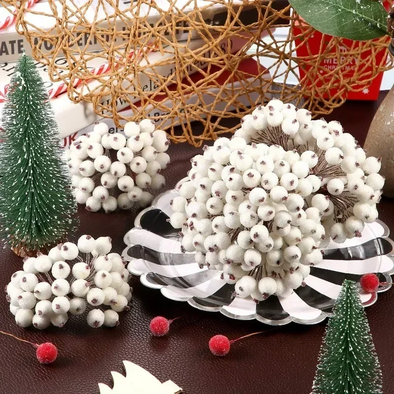 Artificial Frosted Berry Mini Double Head Christmas Holly Red Gold Silver Berries DIY Wreath Xmas Party Table Decora Wholesale