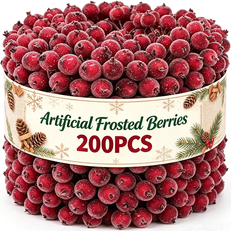 Artificial Frosted Berry Mini Double Head Christmas Holly Red Gold Silver Berries DIY Wreath Xmas Party Table Decora Wholesale