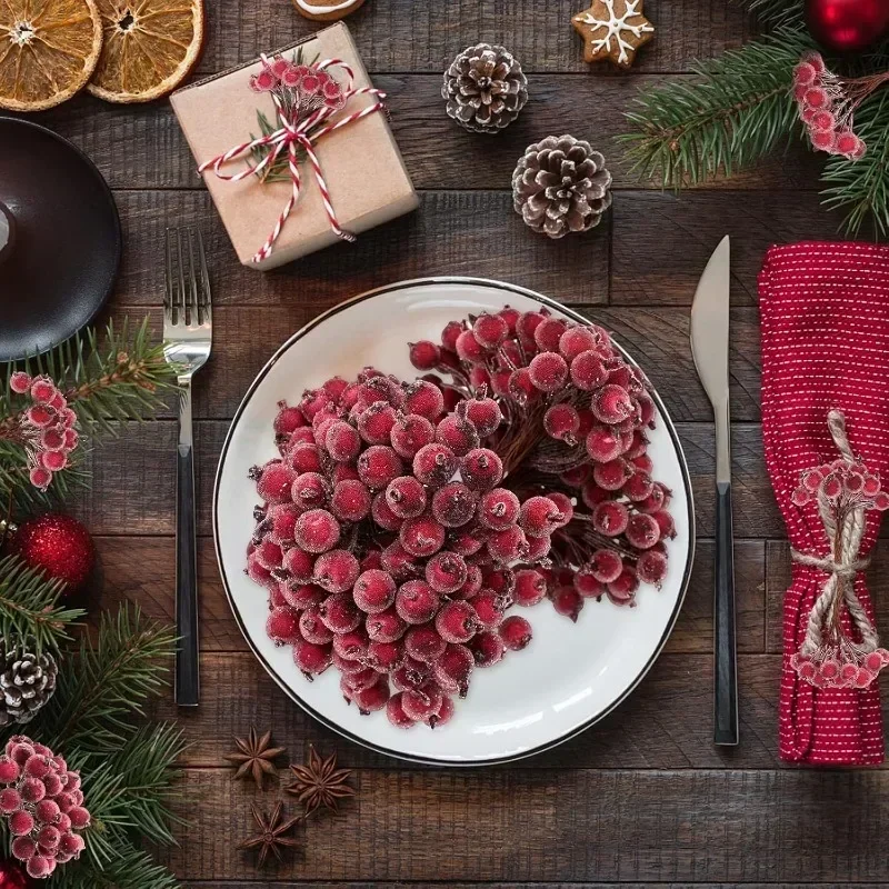 Artificial Frosted Berry Mini Double Head Christmas Holly Red Gold Silver Berries DIY Wreath Xmas Party Table Decora Wholesale