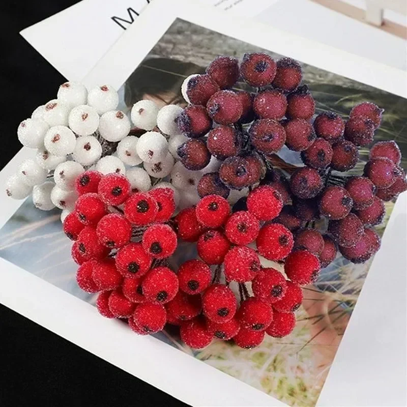 Artificial Frosted Berry Mini Double Head Christmas Holly Red Gold Silver Berries DIY Wreath Xmas Party Table Decora Wholesale