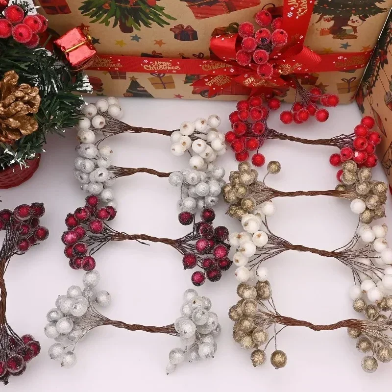 Artificial Frosted Berry Mini Double Head Christmas Holly Red Gold Silver Berries DIY Wreath Xmas Party Table Decora Wholesale