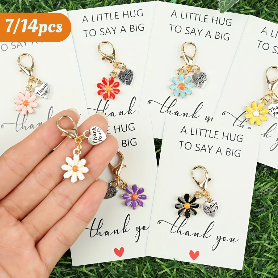 7pcs/14pcs Daisy Flower Keychain Set with Thank You Card, Encouragement Keepsake for Bag Decoration, Christmas Valentine Gift